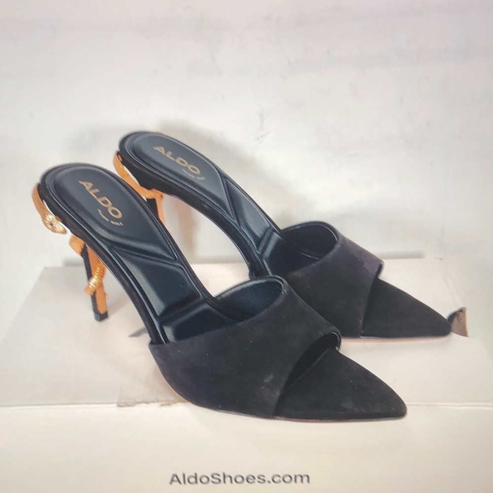 ALDO Black Suede Pointed Toe Mule with Gold Decorative Heel